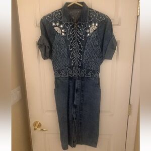 Vintage 1980's Womens Denim Embroidered Dress